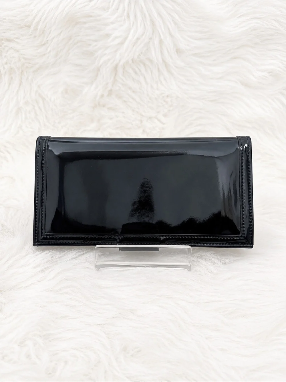 Salvatore Ferragamo Black Patent Leather Snap Wallet with Gold Plaque
